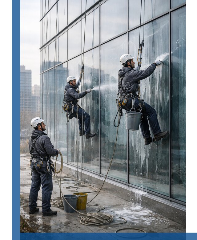 Промышленная мойка панорамных окон на высоте в Ярцеве