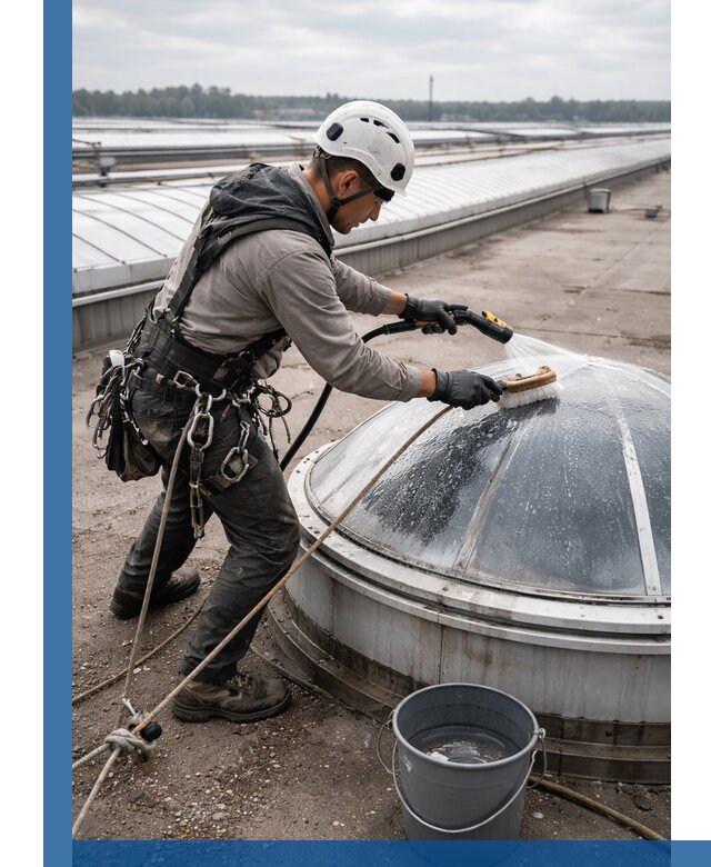 Мойка зенитных фонарей на кровле для промышленных объектов в Ярцеве