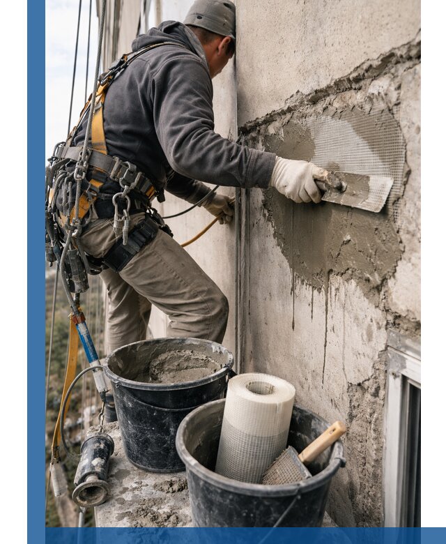 Ремонт бетонных элементов фасада промышленными альпинистами в Ярцеве