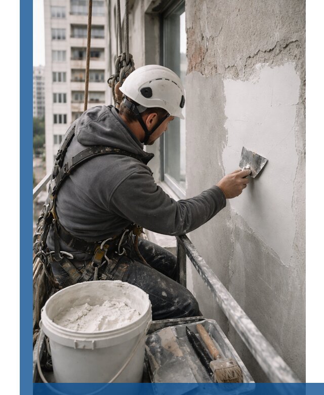 Шпаклевка фасадов на высоте с промальпинистами в Ярцеве