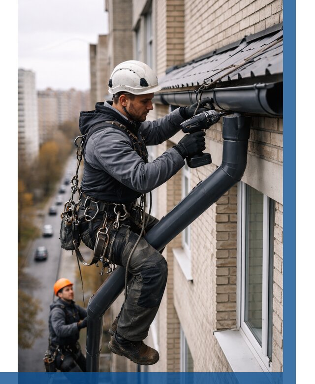 Монтаж водосточной системы на здании в Ярцеве от 5087 р. | ВЫСОТНИК-Рцв