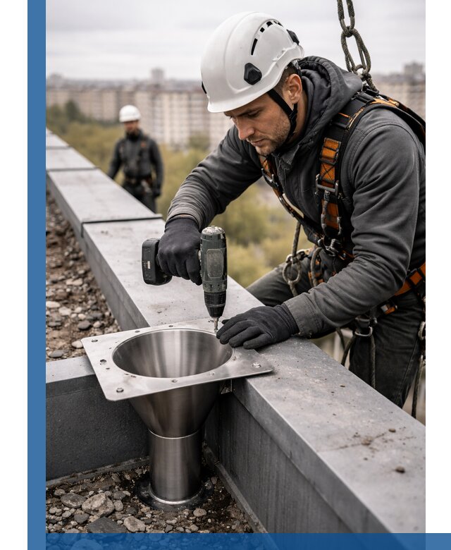 Монтаж водосточных воронок в Ярцеве для промышленных зданий