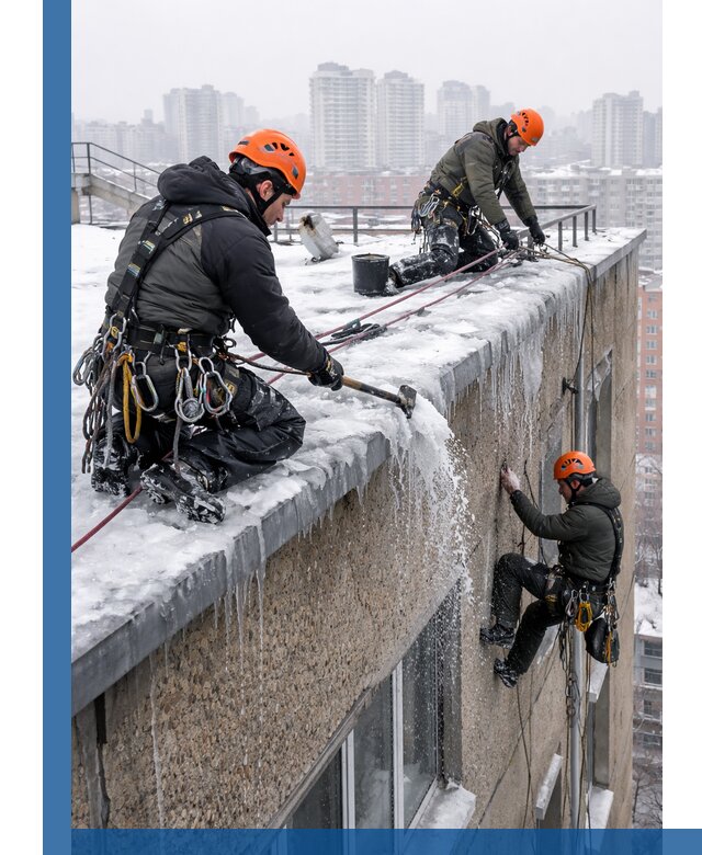 Удаление наледи с кровли в Ярцеве промышленными альпинистами