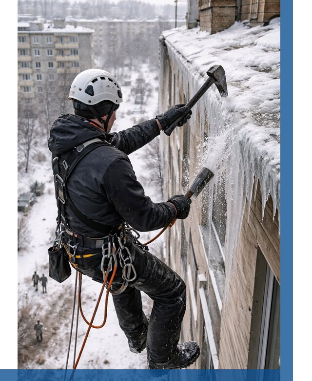 Сбивание сосулек с крыши в Ярцеве по цене от 4578 р. | ВЫСОТНИК-Рцв