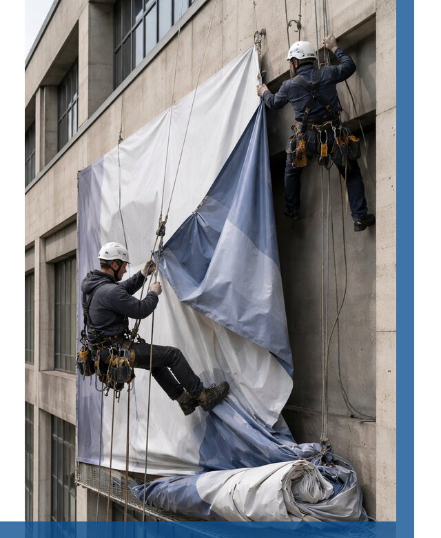 Демонтаж баннеров с фасада в Ярцеве от 4578 р. | ВЫСОТНИК-Рцв