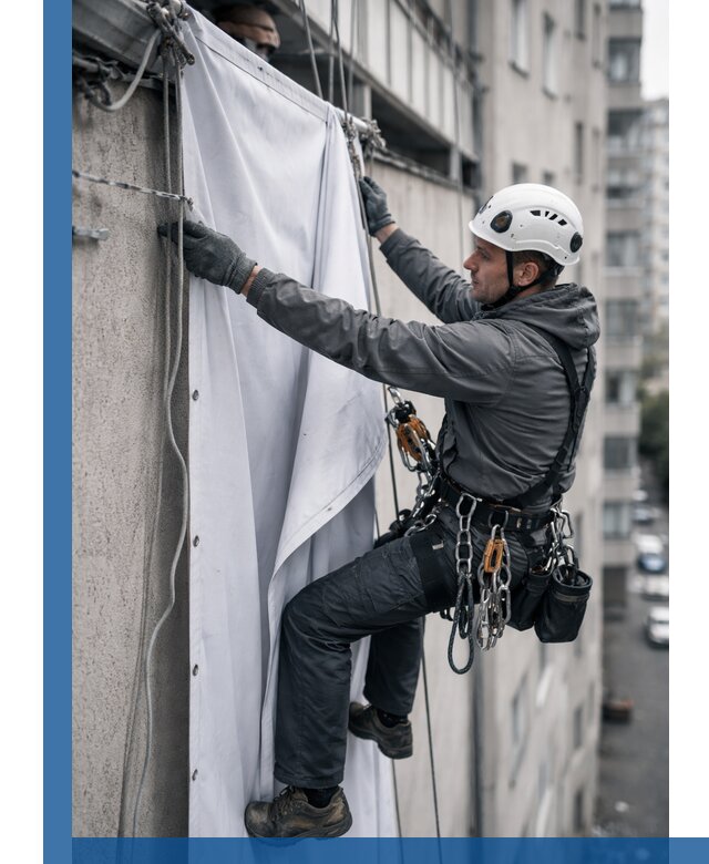 Замена баннерного полотна промышленными альпинистами в Ярцеве