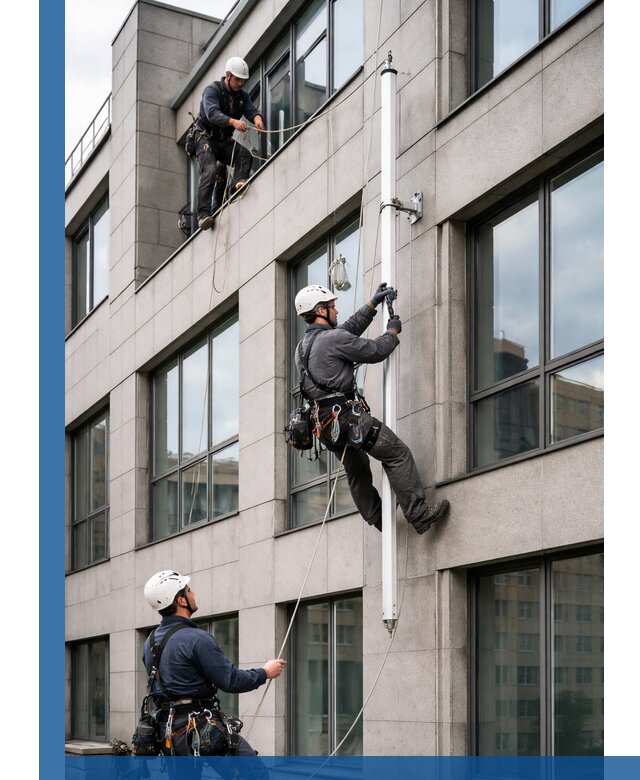 Монтаж флагштока на фасаде здания с креплением и герметикой в Ярцеве
