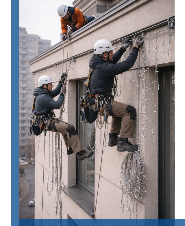 Монтаж праздничных гирлянд на фасаде в Ярцеве для зданий