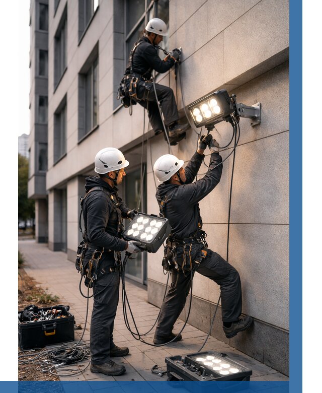 Монтаж прожекторов на фасаде в Ярцеве от 7631 р. | ВЫСОТНИК-Рцв