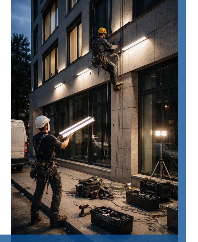 Монтаж архитектурной подсветки здания в Ярцеве от 2544 р.|ВЫСОТНИК-Рцв