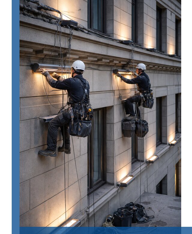 Монтаж архитектурной подсветки фасадов зданий в Ярцеве