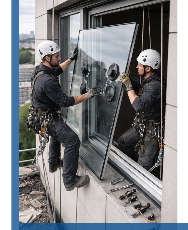 Замена стеклопакетов на высоте с промышленными альпинистами в Ярцеве