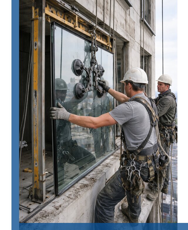 Монтаж стеклопакетов на высоте в Ярцеве с промышленным альпинизмом