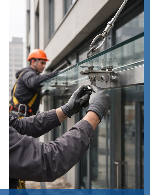 Монтаж стеклянных козырьков в Ярцеве от 8648 р. | ВЫСОТНИК-Рцв