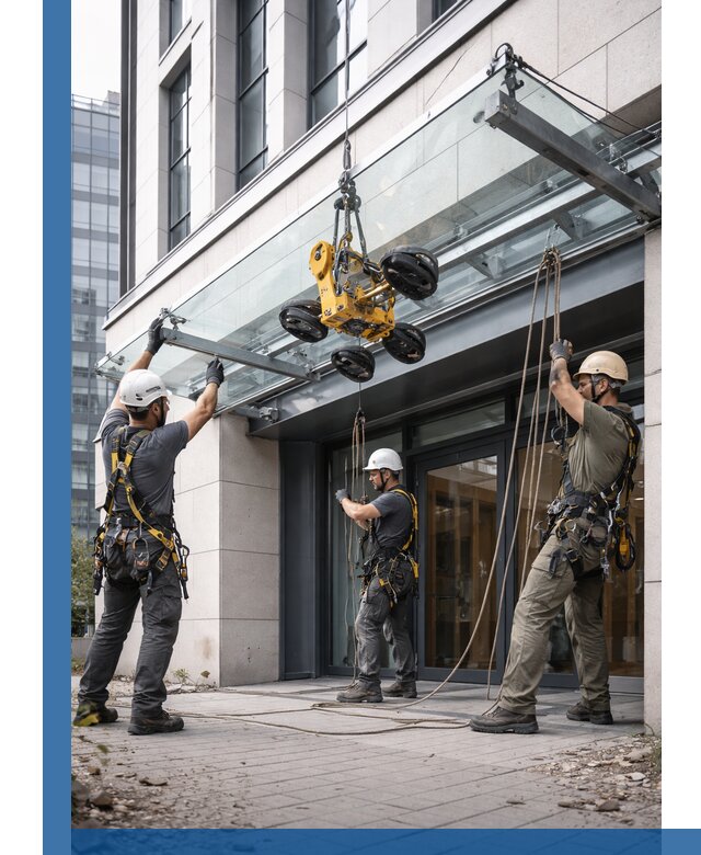 Монтаж стеклянных козырьков под ключ в Ярцеве для зданий