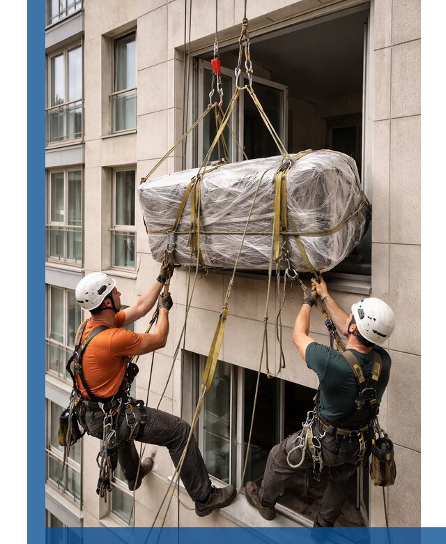 Подъем грузов через окно в Ярцеве промышленными альпинистами