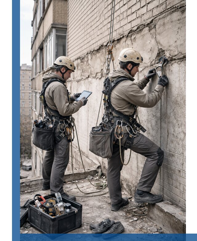 Обследование фасада промышленными альпинистами в Ярцеве